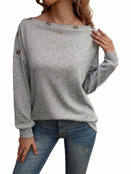 

women's t-shirt space dye boat neck button detail drop shoulder tee l4qg#, White