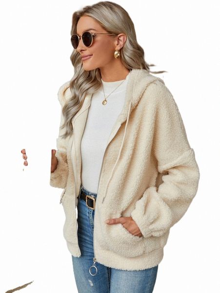 

women's jackets kangaroo pocket drop shoulder drawstring hooded fleece jacket a8at#, Black;brown