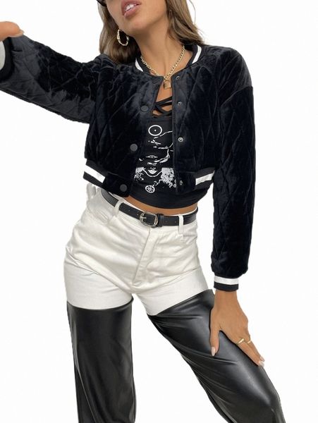 

women's jackets solid snap button front crop velvet jacket 41g6#, Black;brown