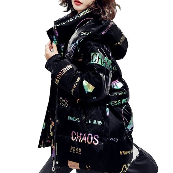 

women's down parkas winter jacket women thick fashion gilding pocket letter printing zipper glossy parka black red coat elegant female