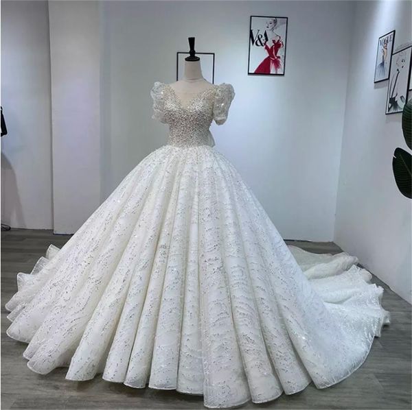 

white luxury sequins modest ball gown bridal wedding dress with tail wm01008