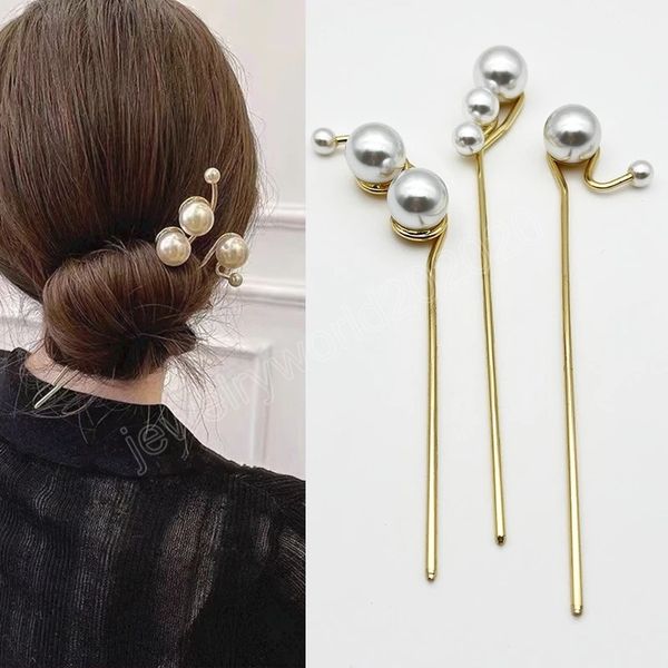 

simulated pearl hair sticks for women vintage metal chopstick hairpins clips wedding hair jewelry accessories hair bun maker, Golden;silver