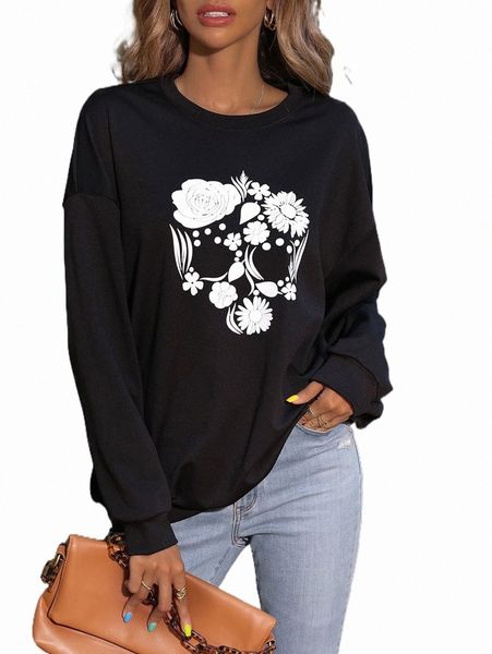 

women's hoodies & sweatshirts floral print drop shoulder sweatshirt 03f9#, Black