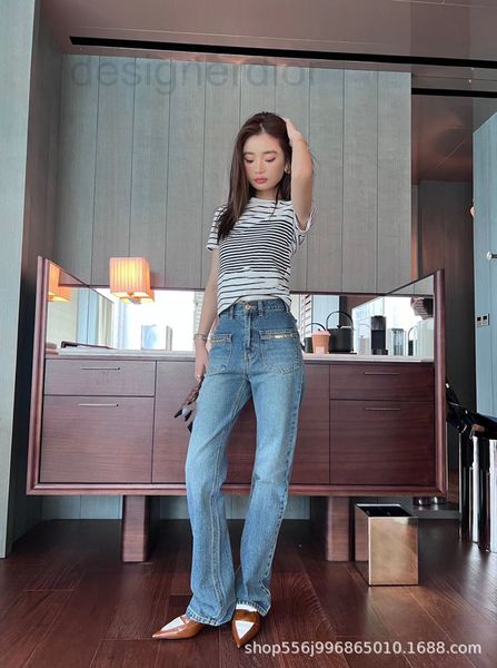 

women's jeans designer nanyou ce's three standard front pocket chain wide leg pants women's 1 100 match the new summer, Blue