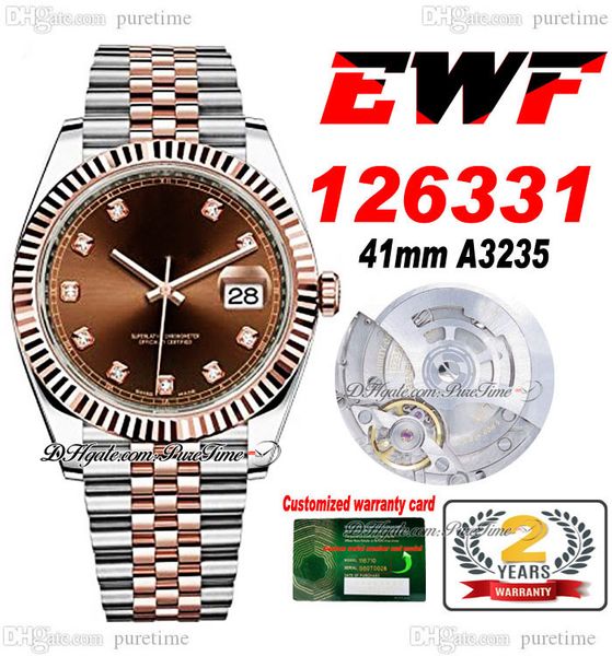 

ewf just 126331 a3235 automatic mens watch 41 two tone rose gold fluted bezel brown diamond dial jubileesteel bracelet super edition same se, Slivery;brown