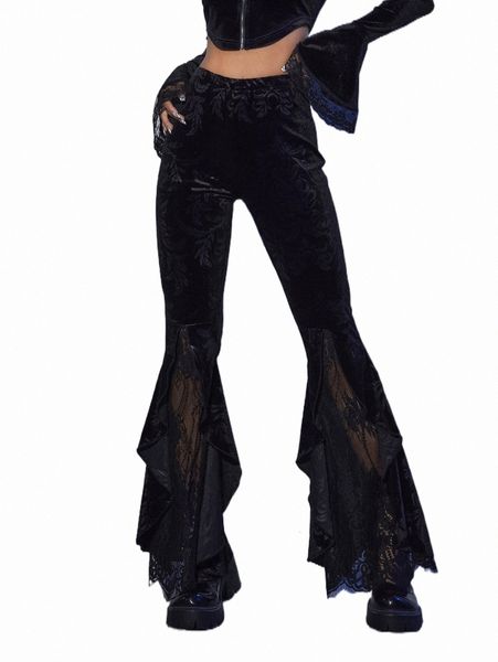 

women's pants & capris contrast lace ruffle hem velvet pants j8oo#, Black;white