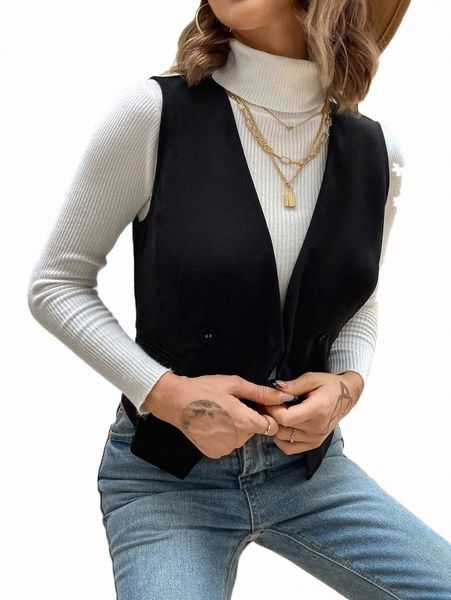 

women's two piece pants double breasted vest blazer without sweater m887#, White