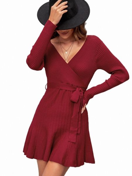 

women's sweaters surplice neck ribbed knit belted sweater dress q16k#, White;black