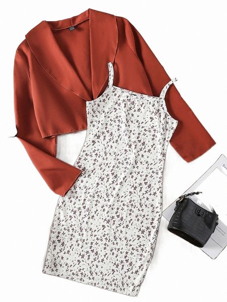 

two piece dress 1pc solid jacket & 1pc ditsy floral print cami dress a0od#, White