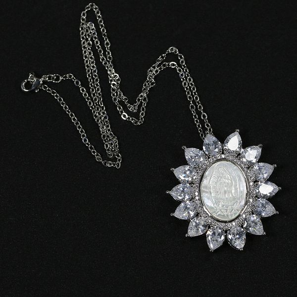 

natural white shell virgin mary clear cz micro pave oval shape pendant necklace lady girls simple fashion gifts, Silver