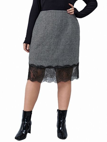 

plus size pants plus houndstooth contrast eyelash lace skirt l4kf#, Black