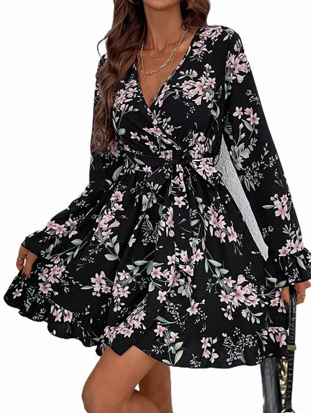 

casual dresses floral print flounce sleeve belted dress 08xg#, Black;gray