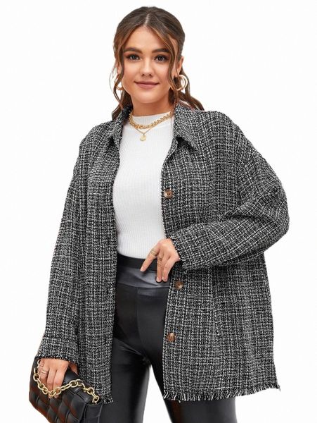 

plus size outerwear & coats plus plaid raw hem overcoat h7op#, Black