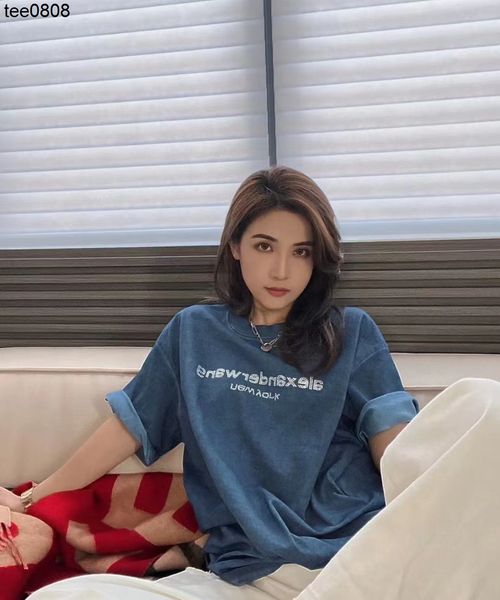 

aw summer new king tee haze blue t-shirt drill letters water wash used short sleeve loose men's and women's round neck, White