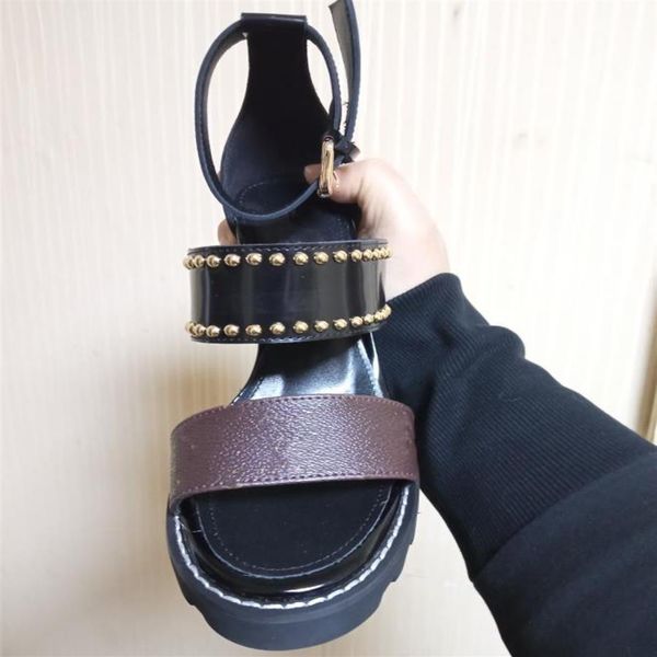 

women leather high heel sandals brown letter flower printed summer designer lady ankle strap buckle chunky rubber outsole sandal243m, Black