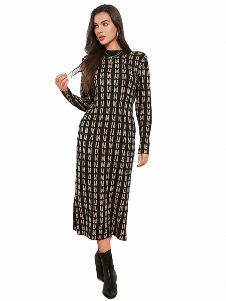 

women's sweaters allover pattern slit hem sweater dress z007#, White;black