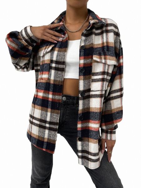 

women's blouses & shirts flap pocket drop shoulder plaid blouse 31mk#, White