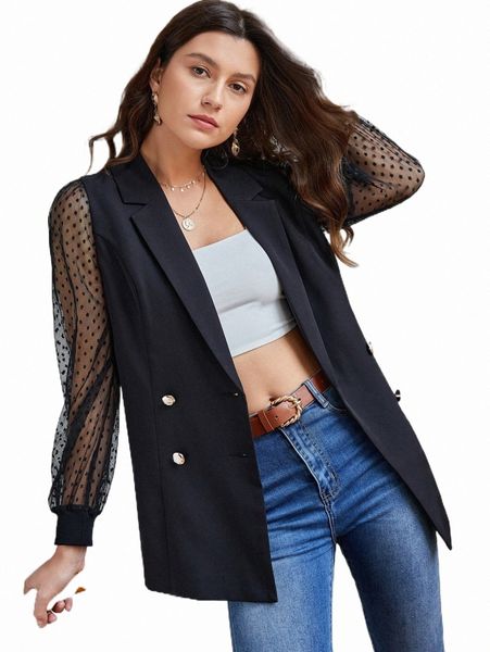 

women's two piece pants notched collar swiss dot mesh sleeve blazer l4bz#, White