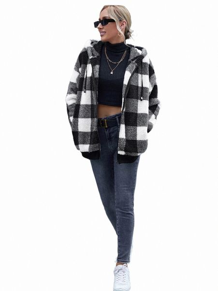 

women's jackets gingham pattern zipper up hooded teddy jacket v11i#, Black;brown