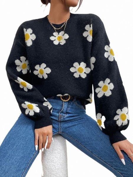 

women's sweaters floral pattern drop shoulder sweater z7kx#, White;black