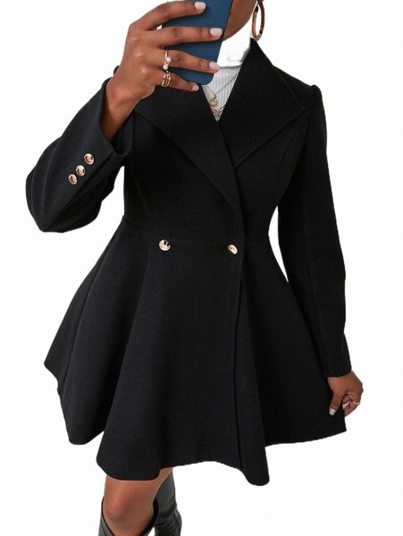 

women's down & parkas solid waterfall collar skater overcoat 91lf#, Black