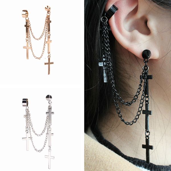 

double earrings chain punk cross tassel ear cuff for women gold silver black metal hoop earring with chain