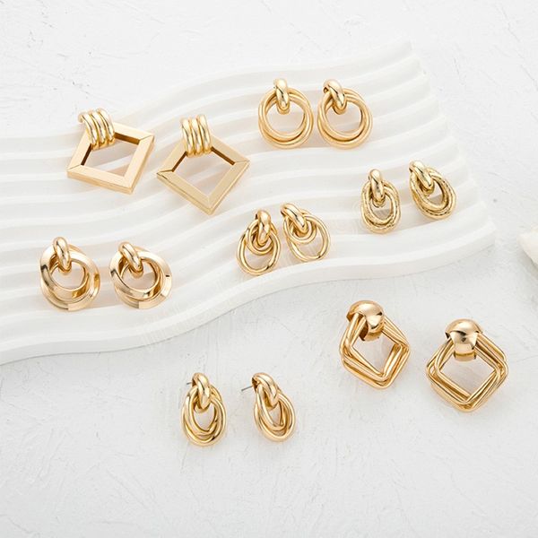 

retro gold color stud earrings for women geometric distortion interweave twist round drop earring statement brincos jewelry, Golden;silver