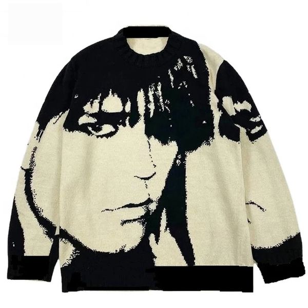

men s sweaters high street sweater men cotton anime portrait knitted vintage casual oversized pullover streetwear autumn winter 220908, White;black
