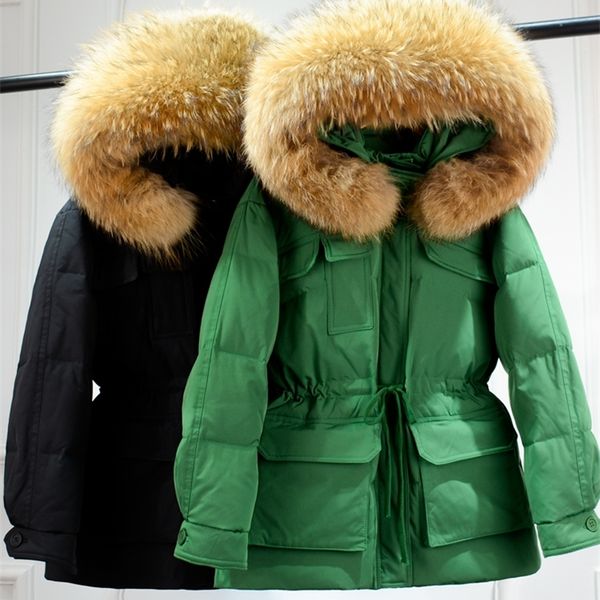 

women's down parkas janveny huge real raccoon fur hooded women's short puffer jacket winter 90% feather duck down coat female wate, Black