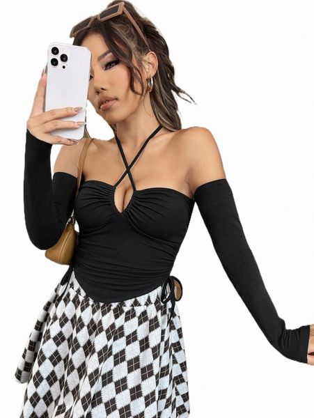 

women's t-shirt solid drawstring side halter e3ve#, White
