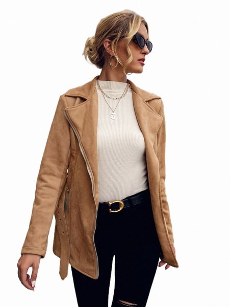 

women's jackets lapel neck zip up belted suede jacket w6fy#, Black;brown