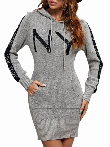 

women's sweaters letter pattern drawstring detail sweater dress z4jm#, White;black