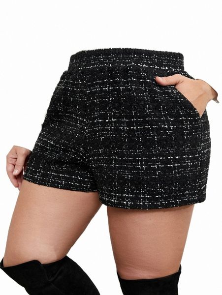 

plus size pants plus plaid pattern slant pockets tweed shorts 593w#, Black