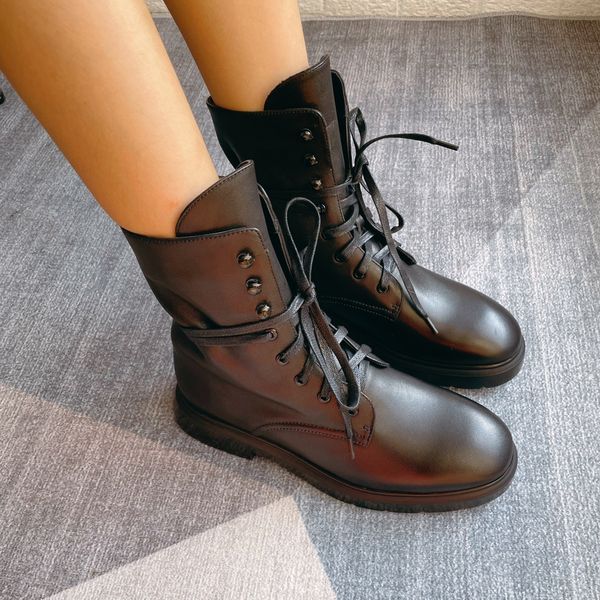 

2022 new women flat boots girls casual winter soft leather flats girls ankle boot tie design fashion lady black size 35-40 no box #h41