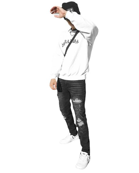 

men's jeans high street knee multiple ripped patches black skinny jeans, Blue