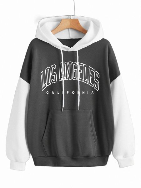 

women's hoodies & sweatshirts two tone letter graphic kangaroo pocket drawstring thermal hoodie h8lw#, Black