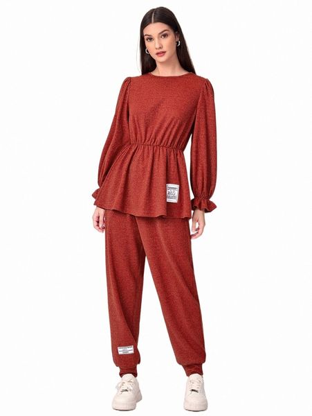 

two piece dress flounce sleeve patched detail & pants set k9fp#, White