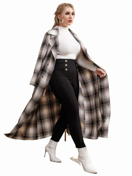

plus size outerwear & coats plus plaid pattern lapel neck double breasted overcoat f9qe#, Black