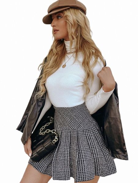 

skirts high waist houndstooth wool-mix pleated skirt i8ll#, Black