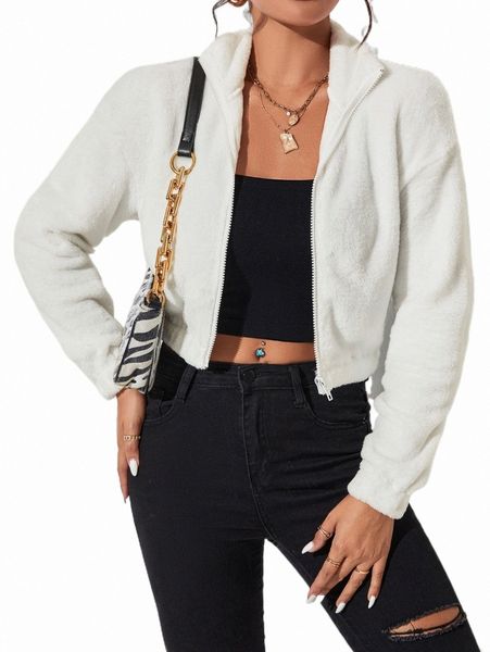 

women's jackets petite zip up drop shoulder crop teddy jacket l2wv#, Black;brown