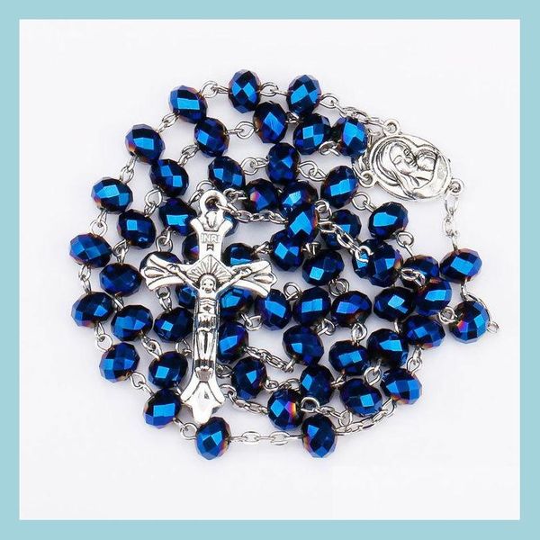 

beaded necklaces rosary beaded necklaces first holy christmas communion gifts deep blue glass beads catholic soil medal and crucifix dhznu, Silver