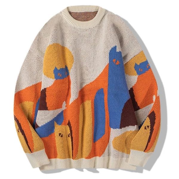 

men s sweaters casual knitted sweater men women cartoon full print pullover japanese harajuku loose jumpers couple streetwear black 220908, White;black