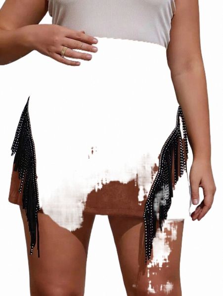 

plus size pants plus solid rhinestone fringe suede skirt 85de#, Black