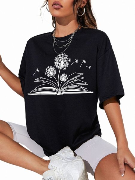 

women's t-shirt book and dandelion print drop shoulder tee x3pe#, White
