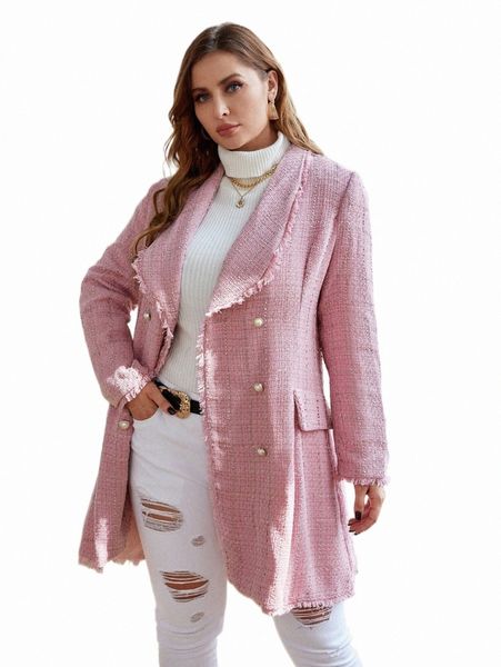 

plus size outerwear & coats plus raw trim shawl collar double breasted tweed overcoat o0i2#, Black