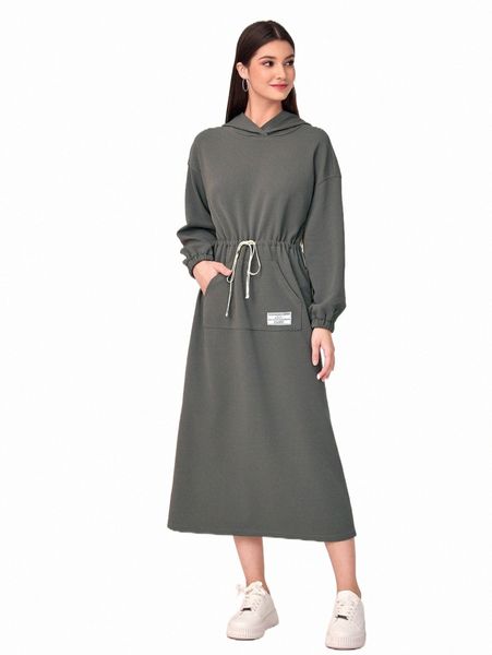 

casual dresses coconut tree & letter graphic patch detail drawstring waist hooded dress e0bn#, Black;gray