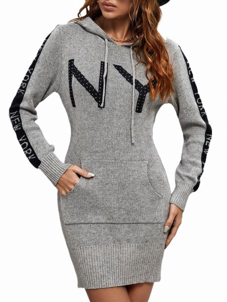 

women's sweaters letter pattern drawstring detail sweater dress d1sn#, White;black