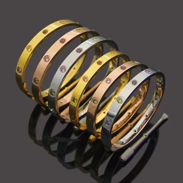 

luxury fashion couple screw jewelry colored diamonds cuff bracelets for women men gold color stainless steel bracelets&bangles bijoux g221p, White