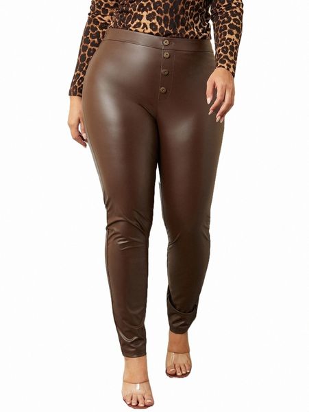 

plus size pants plus solid button fly pu leather pants x6mw#, Black