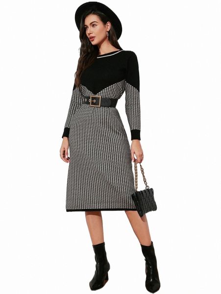 

women's sweaters houndstooth two tone sweater dress without belt z3pw#, White;black